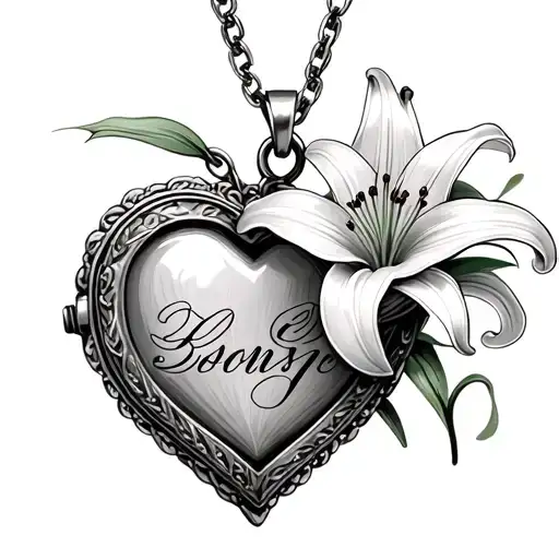 an open heart locket with the year 2003 in elegant script inside one side, and a fine line stargazer lily on the other tattoo design idea
