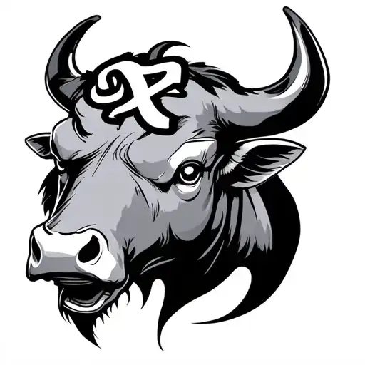 In a Japanese style, bull head irritate with his forehead "S 5". tattoo design idea