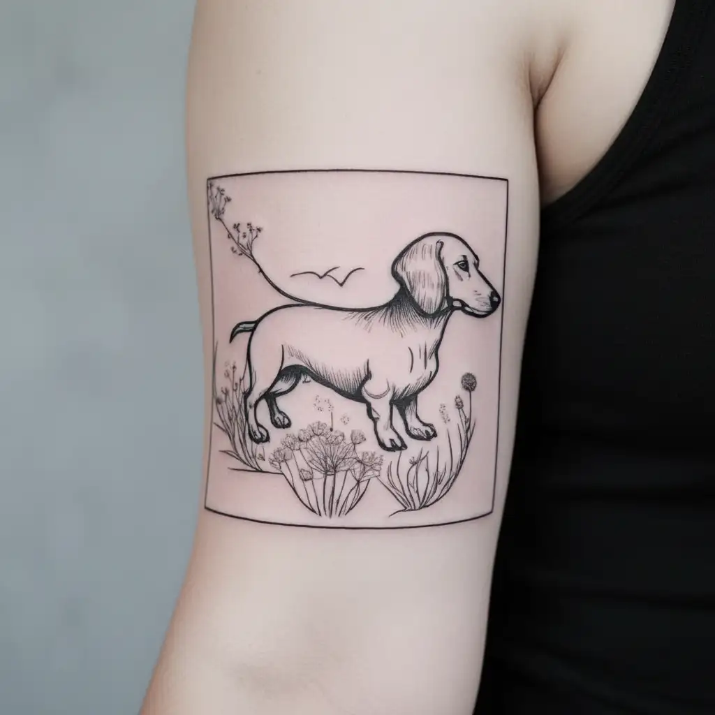 dachshund and dandelion tattoo design idea