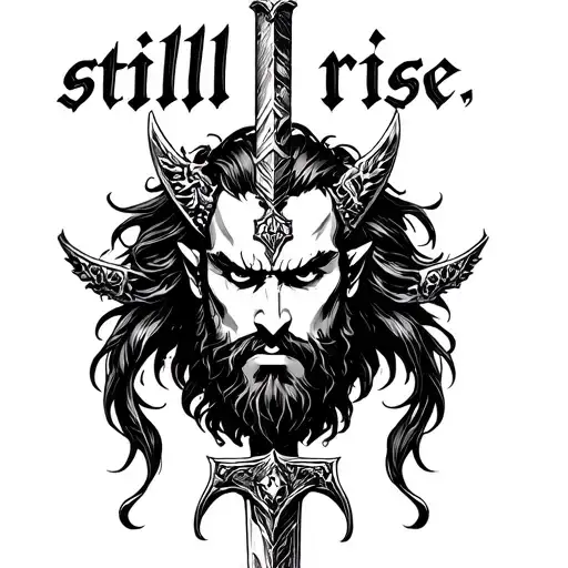 Head of Ares, the god of war, transcended by a sword, with the phrase “still I rise” written above. tattoo design idea