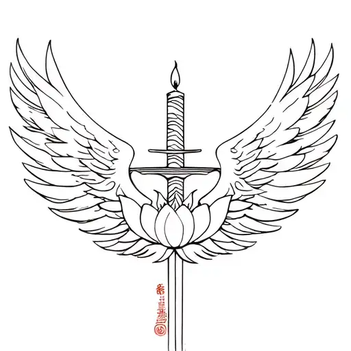 Phoenix wings, lotus flower, candle, semicolon, Dao/Jian sword tattoo design idea