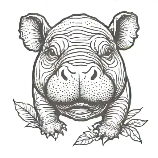 baby hippo with mouth open, cute tattoo design idea