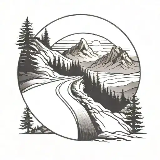 Black and white graphic tattoo round shape road in the mountains sunset tattoo design idea