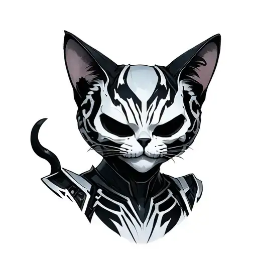 "A humanoid feline figure with a sleek, smooth armored body and an iconic skeletal cat-like face, reimagined in a bold,  tattoo design idea