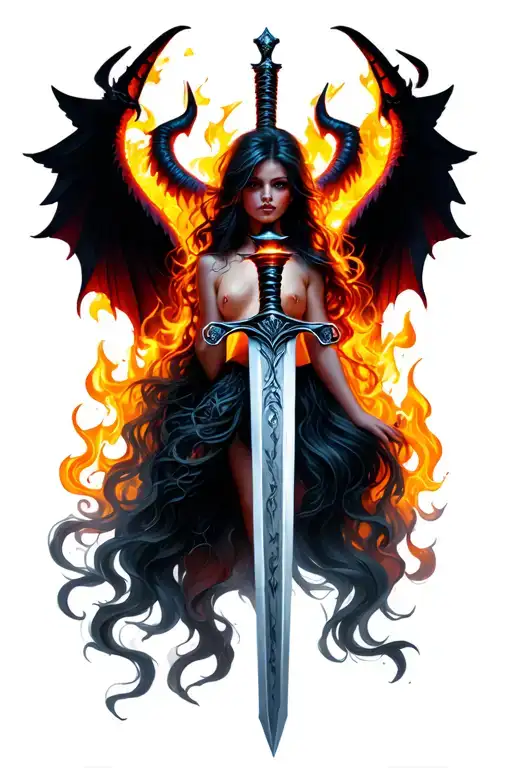 Sword with devil wings, flames, Horny girl, sexy woman tattoo design idea