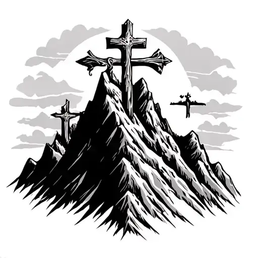 3 crosses on mountain peak tattoo design idea