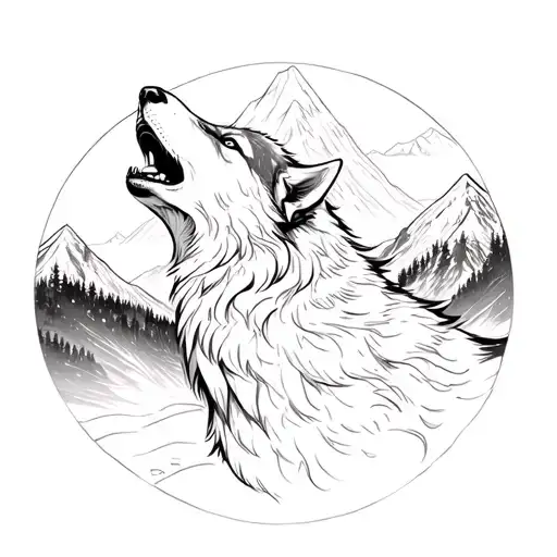 wolf howling with mountain scenery in background color page tattoo design idea