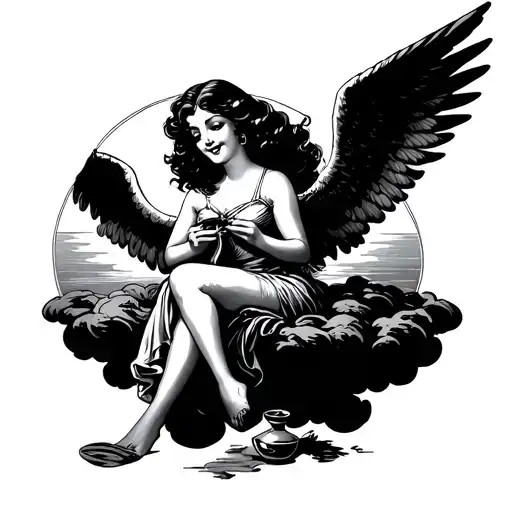 40's round-faced, black-haired female angel sitting on a cloud and crocheting a scarf happily, sunset, heaven, sake, tat tattoo design idea