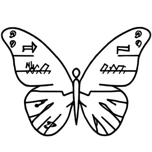 A minimalist design of a butterfly made up of musical symbols and hiking trail markers tattoo design idea