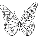 A minimalist design of a butterfly made up of musical symbols and hiking trail markers tattoo design idea
