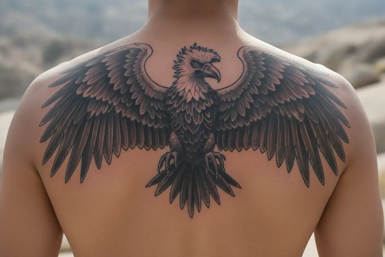 Garuda bird that is similar to on the indonesian emblem on my chest with big wings spread wide only in black/grey tattoo design idea