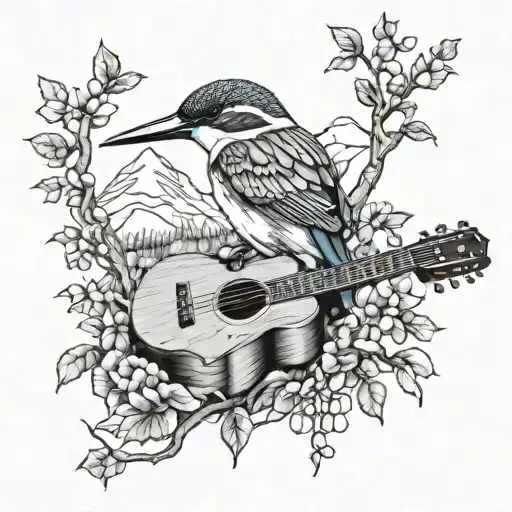 music and nature trees birds and guitar or piano keys mountain kingfisher tattoo design idea