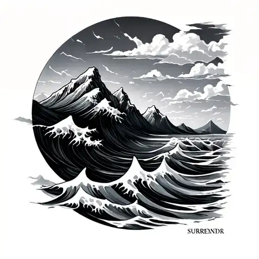 surrender mountains waves tattoo design idea