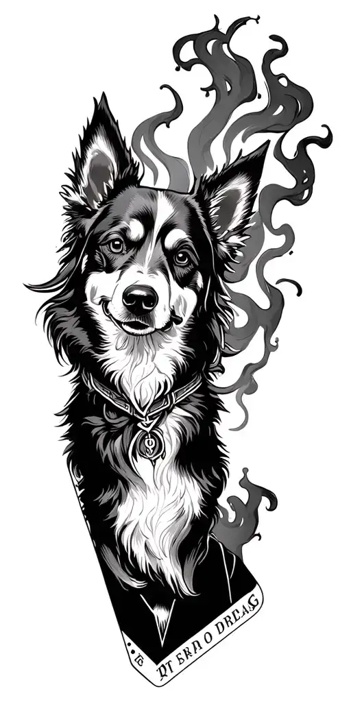 Drachenkopf shoulder, forearm: tarot card with dog, connected to the smoke line. Everything in Black Smoke optics & Fineline tattoo design idea