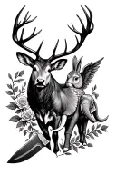Sleeve tattoo: rose deer buck, an angel, butcher knife, art palette, a cow, a rabbit, elephant, an owl tattoo design idea