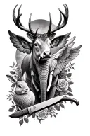 Sleeve tattoo: rose deer buck, an angel, butcher knife, art palette, a cow, a rabbit, elephant, an owl tattoo design idea