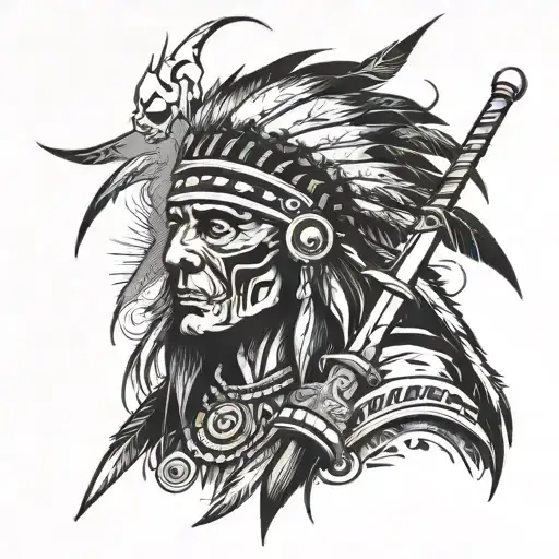 A Native American chief holding a broken sword, surrounded by lightning bolts, with a gun in one hand and a skull in the other tattoo design idea