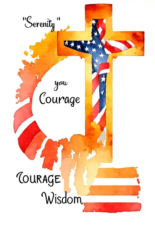 "Serenity Courage Wisdom" Cristian cross with American flag and text tattoo design idea