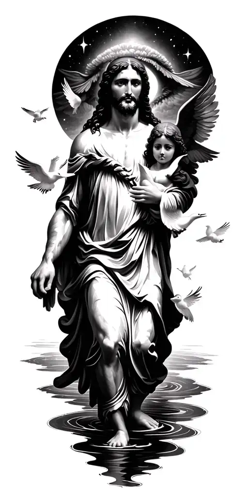 heaven Jesus walking on water clouds doves baby angels gods eye tattoo design idea
