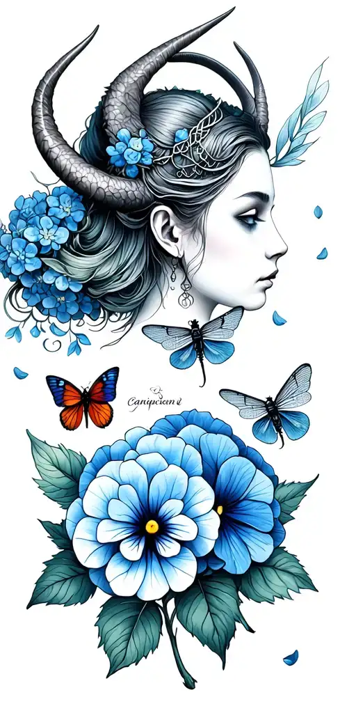 Capricorn woman with horns, Libra scales, pansy flower, butterfly, dragon fly, beetle, tiny blue hydrangea petals tattoo design idea