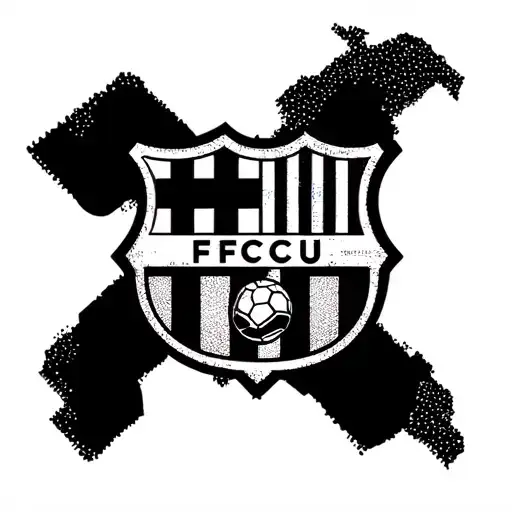 Camp Nou, football stadium with the Barcelona Nou logo with a soccer ball and a black and white Messi tattoo in the background tattoo design idea