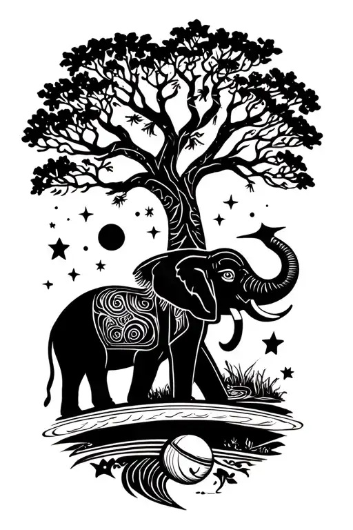 Colibrí and tree with an elephant and a saturn with stars tattoo design idea
