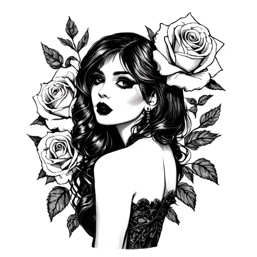 pin up goth girl behind roses tattoo design idea
