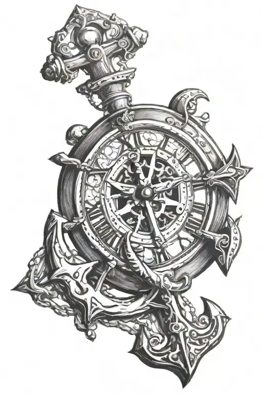clock and anchor cross tattoo design idea