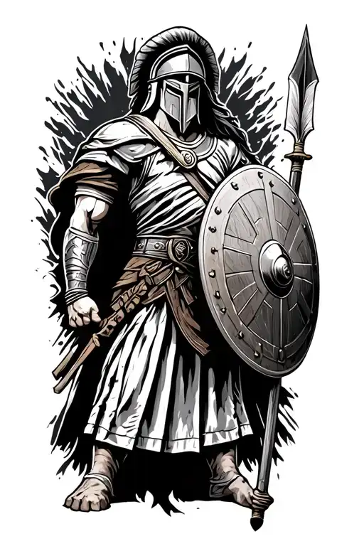 Spartan warrior holding shield and spear, with a background wrapping around the arm tattoo design idea