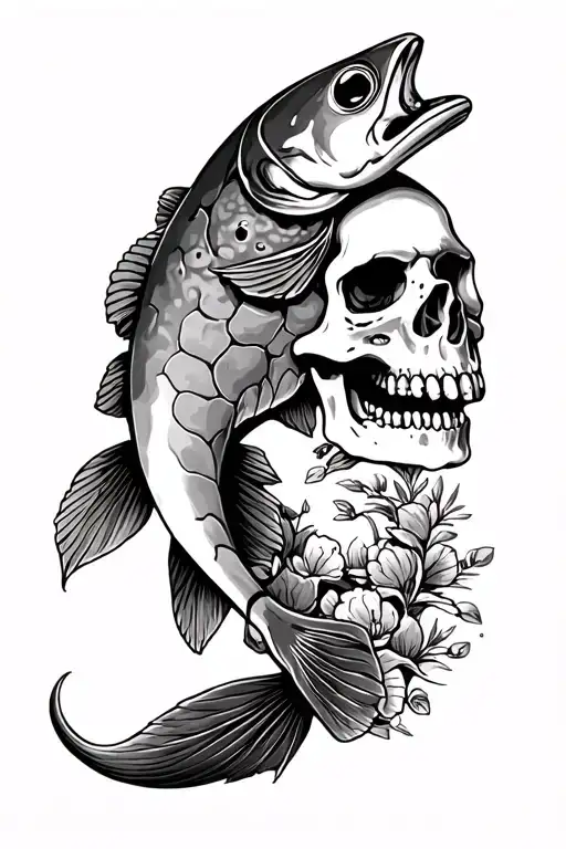 Cutthroat trout and skull tattoo design idea