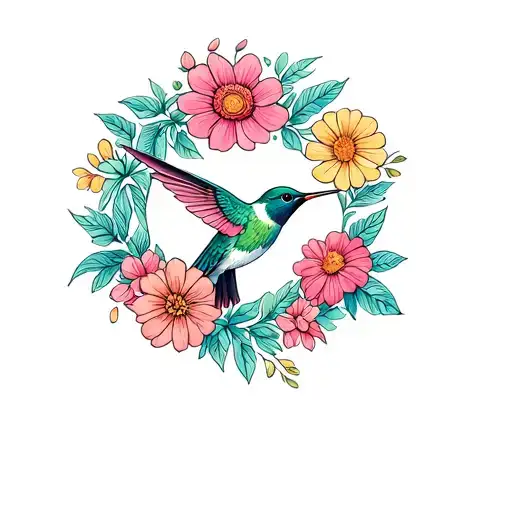 A hummingbird surrounded by a garden of colorful flowers tattoo design idea
