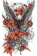 Angel wings that are slightly broken and missing feathers with  a red spider lily in the middle  tattoo design idea