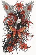 Angel wings that are slightly broken and missing feathers with  a red spider lily in the middle  tattoo design idea