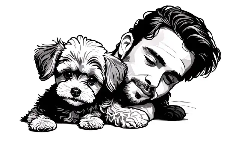 man hugs toy poodle tattoo design idea