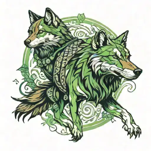 red wolf female green eyes and a raven man walking tattoo design idea