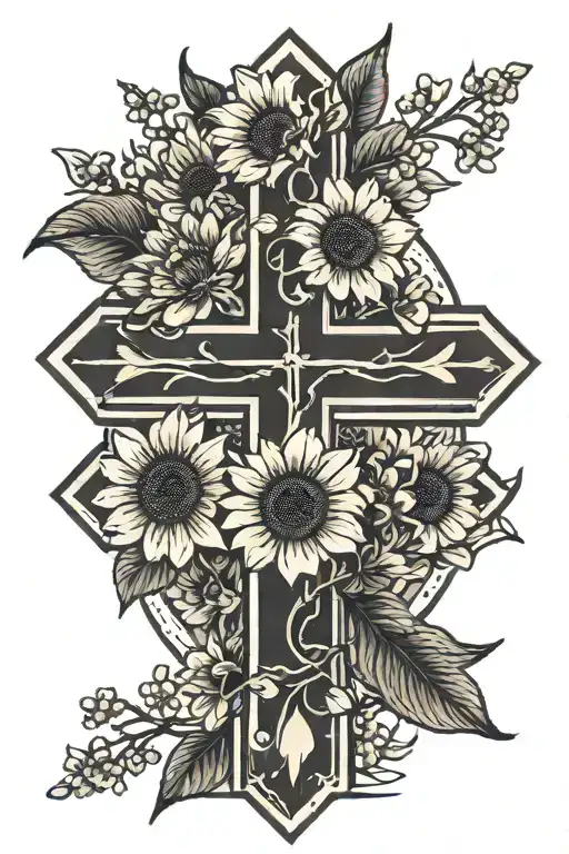 cross with cherry blossoms sun shining and sunflowers  tattoo design idea