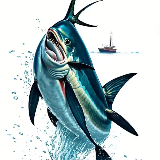 bluefin tuna jumping out of water with a boat in the background tattoo design idea
