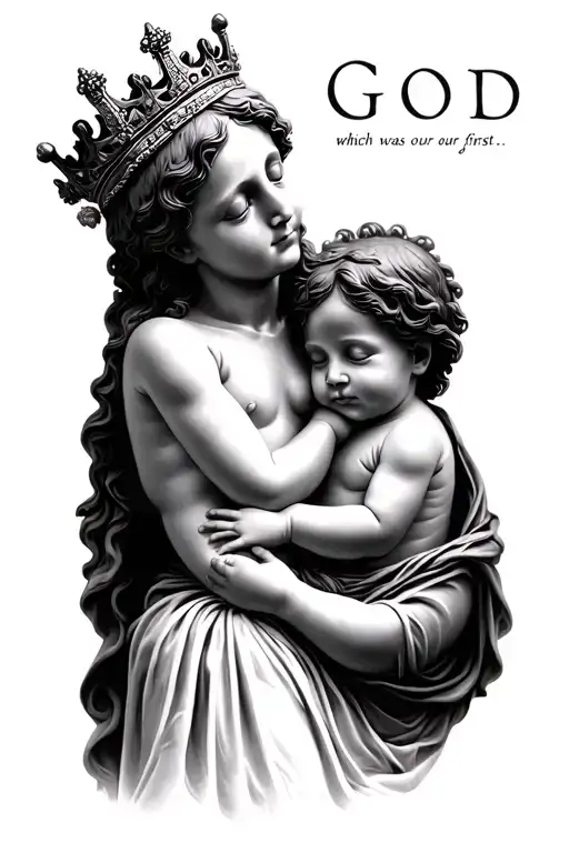 baby jesus with a crown and chosen baby me and laying beside each other saying god which was our first word tattoo design idea