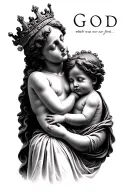 baby jesus with a crown and chosen baby me and laying beside each other saying god which was our first word tattoo design idea