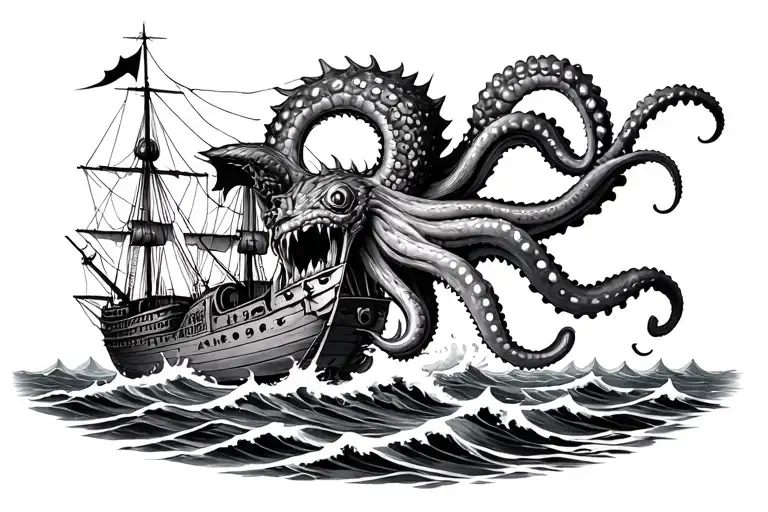 angry leviathan sea monster with barnacles and tentacles like an octopus attacking pirate ship in the stormy ocean waves tattoo design idea