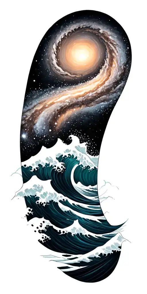 Black and grey sleeve: spiral galaxy above ocean waves, smooth transition, elegant and dark realism. tattoo design idea