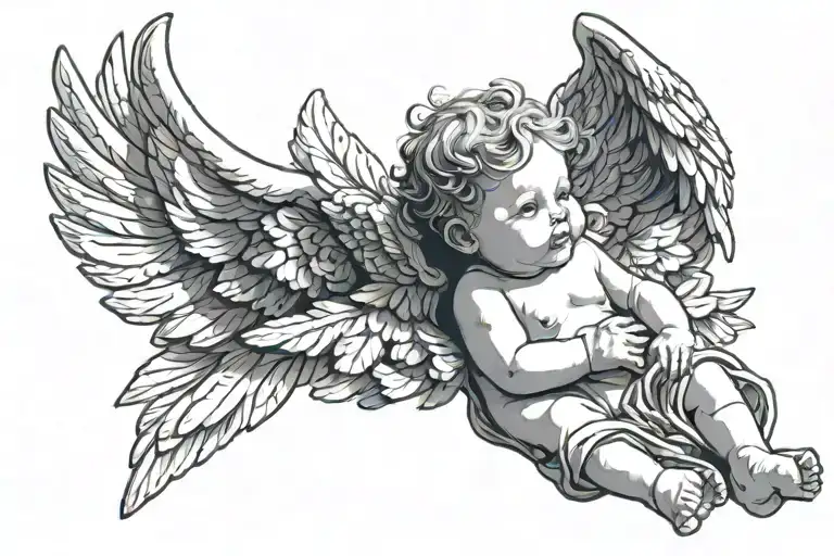 baby angel with wings with neveah under tattoo design idea