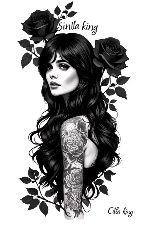 "Cilla king" "Cilla king" Sinfully woman long black hair with black roses growing tattoo design idea