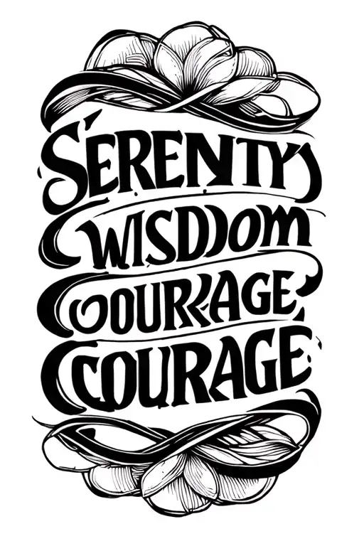 "Serenity, Wisdom, Courage " a black ink tattoo design on white background showing three interconnected words: "SERENITY", "WISDOM", and "COURAGE".   tattoo design idea