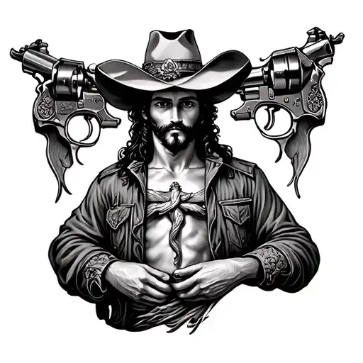 Chicano style torso tattoo tribute of the Wild West doc holiday billy the kid have Jesus on the stomach revolvers chest  tattoo design idea