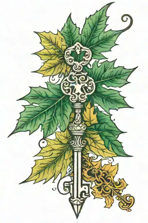 key,maple leaf, Unalome Symbol tattoo design idea