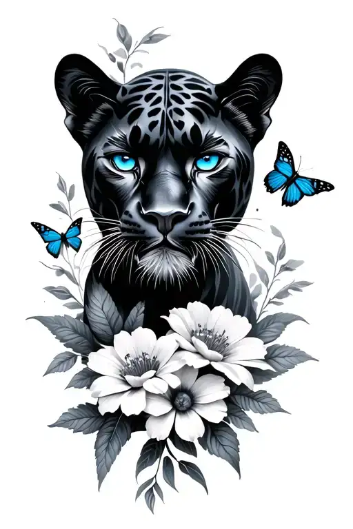 realistic black panther with blue eyes flowers and butterfly around panther tattoo design idea