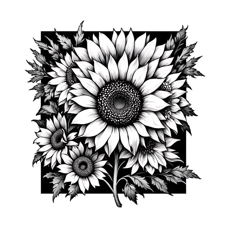 sunflower, statice, marigold, asphodel flowers tattoo design idea