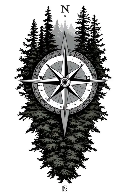 detailed compass rose surrounded by forest tattoo design idea