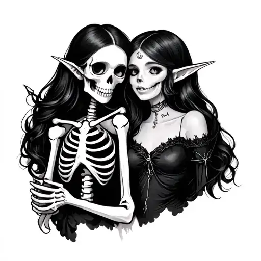 skeleton and elf girl tattoo design idea